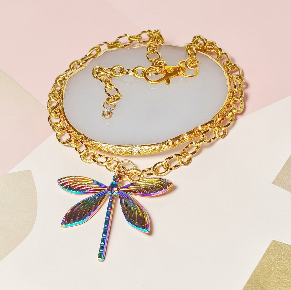 HP🎉 Gold Enchanted Choker Necklace Multicolor Dragonfly Pendant New Age Grunge - Picture 4 of 12